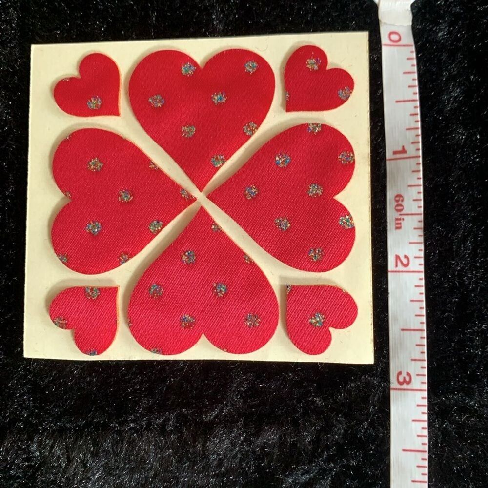 VINTAGE 80's Puffy Fabric Fabric Stickers With Glitter Hearts June Kessler - Picture 4 of 5